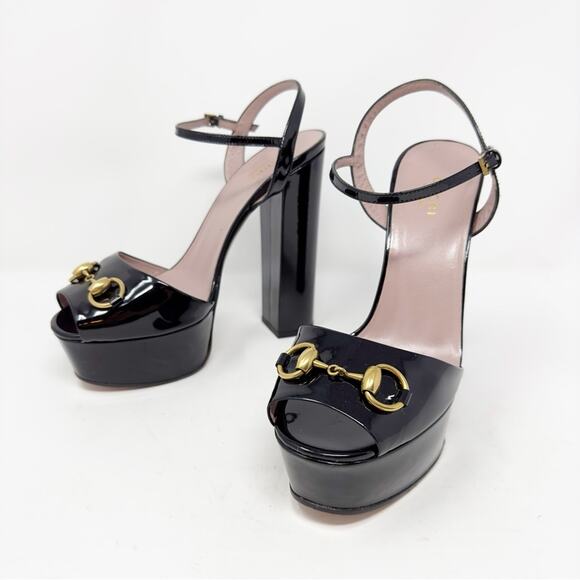 Gucci Claudie Horsebit Patent Leather Platform Sandals Heels - Picture 1 of 11